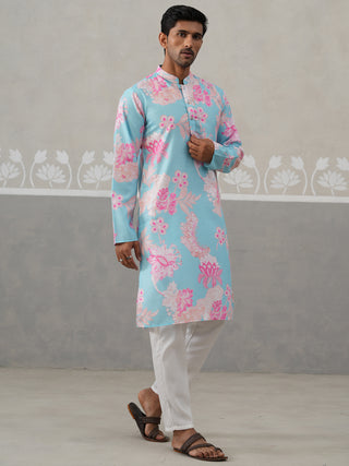 Men's Floral Printed Cotton Straight Kurta Pyjama Set