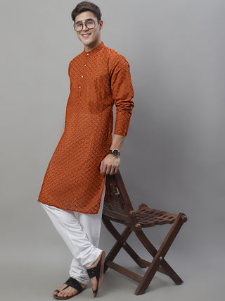 Jompers Men Brown Chikan Kurta with Churidar