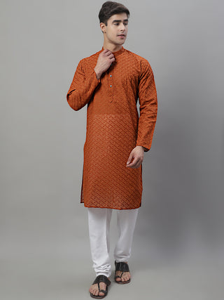 Jompers Men Brown Chikan Kurta with Churidar