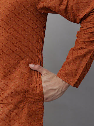 Jompers Men Brown Chikan Kurta with Churidar