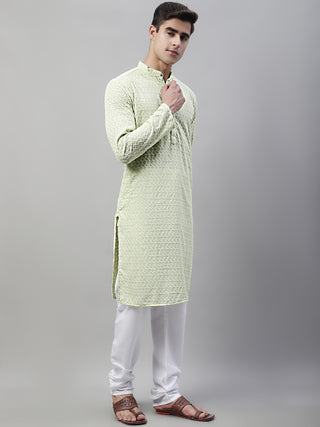 Jompers Men Green Chikan Kurta with Churidar