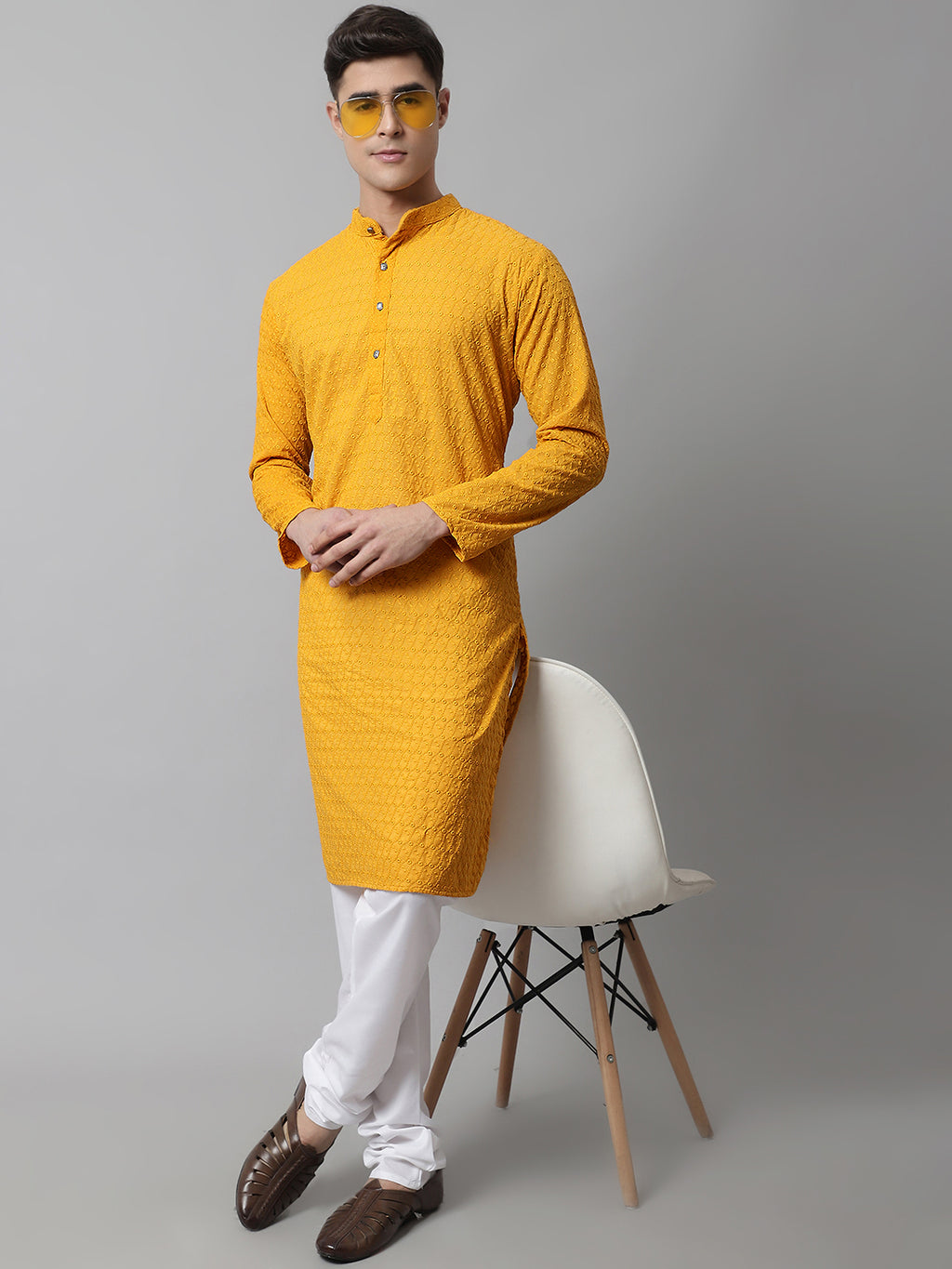 Jompers Men Mustard Chikan Kurta with Churidar