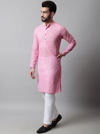 Jompers Men Pink Chikan Kurta with Churidar