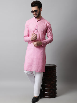 Jompers Men Pink Chikan Kurta with Churidar