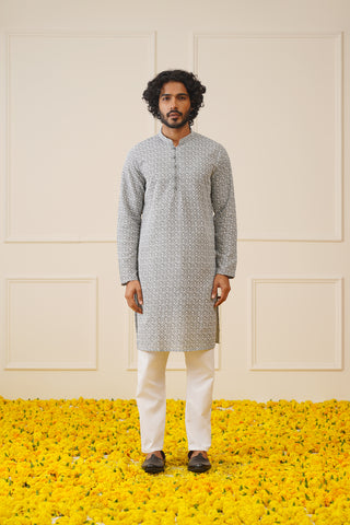 Men's Grey & White Embroidered Straight Kurta Pyjama Set