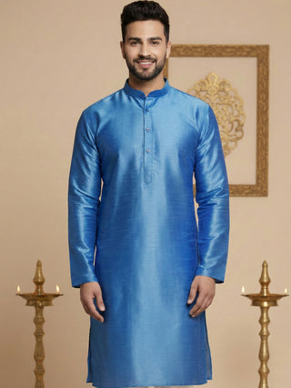 Men Blue Dupion Silk Kurta with Churidar