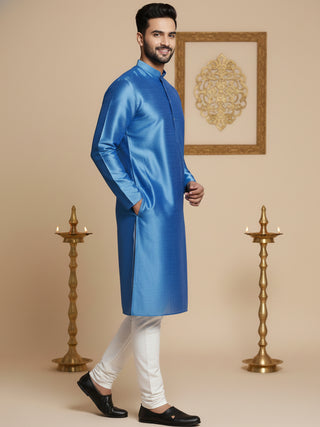 Men Blue Dupion Silk Kurta with Churidar
