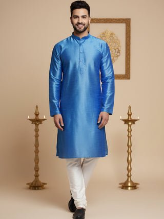 Men Blue Dupion Silk Kurta with Churidar