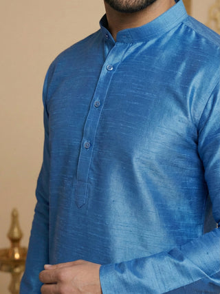 Men Blue Dupion Silk Kurta with Churidar