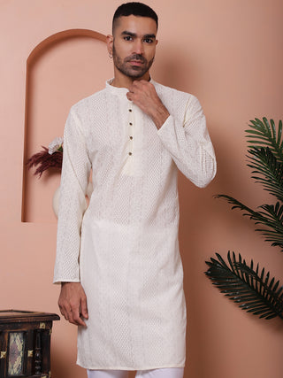 Jompers Men Cream Embroidered Kurta with Pyjamas