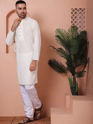 Jompers Men Cream Embroidered Kurta with Pyjamas