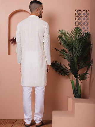Jompers Men Cream Embroidered Kurta with Pyjamas