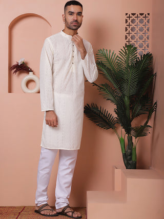 Jompers Men Cream Embroidered Kurta with Pyjamas