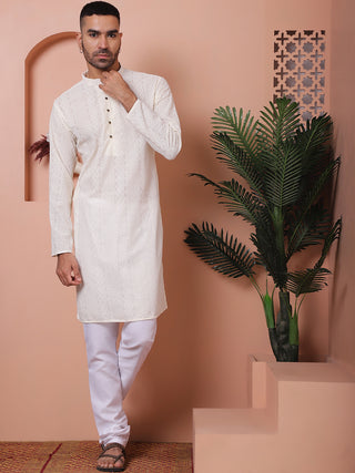Jompers Men Cream Embroidered Kurta with Pyjamas