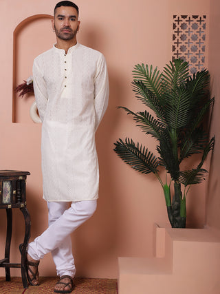 Jompers Men Cream Embroidered Kurta with Pyjamas