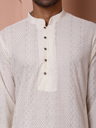 Jompers Men Cream Embroidered Kurta with Pyjamas