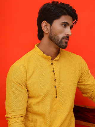 Jompers Men Mustard Embroidered Kurta with Pyjamas