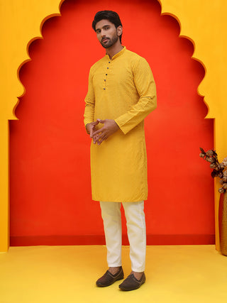 Jompers Men Mustard Embroidered Kurta with Pyjamas