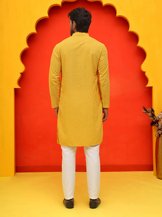 Jompers Men Mustard Embroidered Kurta with Pyjamas