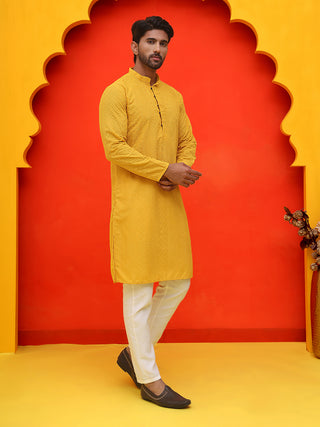 Jompers Men Mustard Embroidered Kurta with Pyjamas