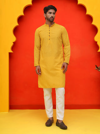 Jompers Men Mustard Embroidered Kurta with Pyjamas