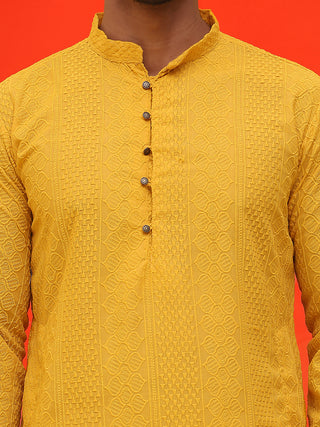 Jompers Men Mustard Embroidered Kurta with Pyjamas