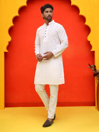 Jompers Men White Embroidered Kurta with Pyjamas