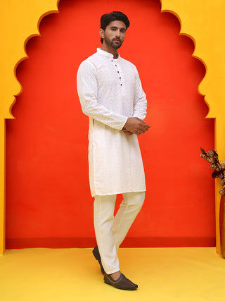 Jompers Men White Embroidered Kurta with Pyjamas