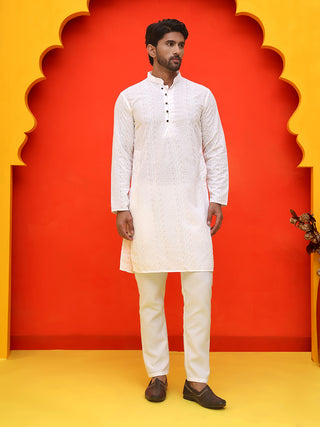 Jompers Men White Embroidered Kurta with Pyjamas