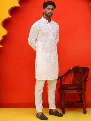 Jompers Men White Embroidered Kurta with Pyjamas