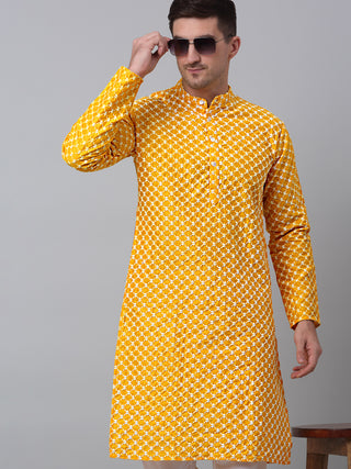 Jompers Men Mustard Chikankari Kurta with Churidar