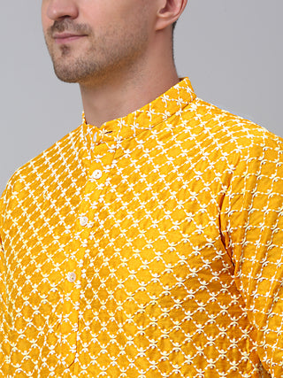 Jompers Men Mustard Chikankari Kurta with Churidar