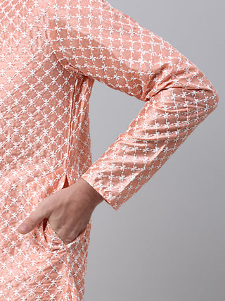 Jompers Men Peach Chikankari Kurta with Churidar