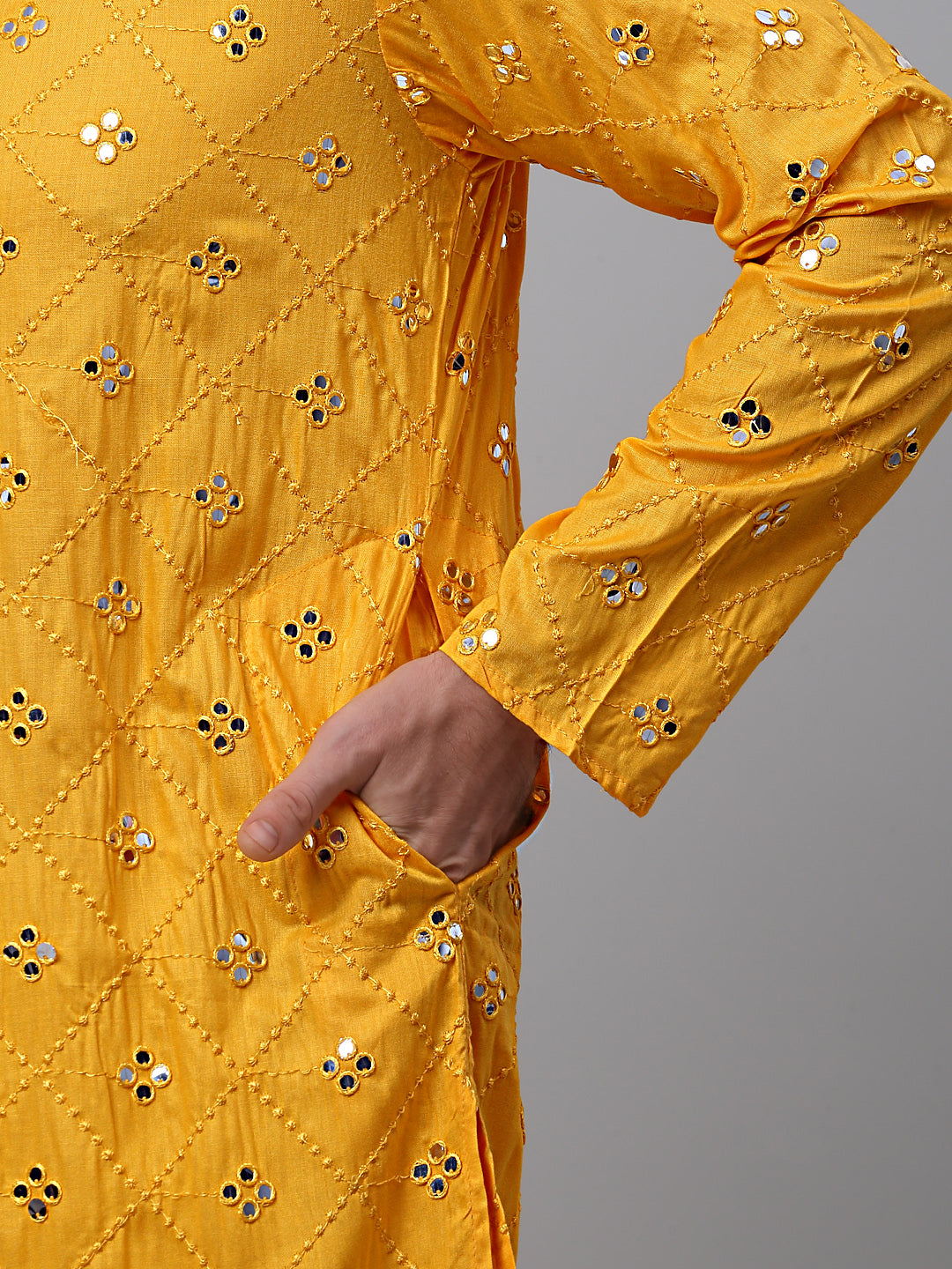 Jompers Men's Yellow Embroidered Mirror Work Kurta Pyjama
