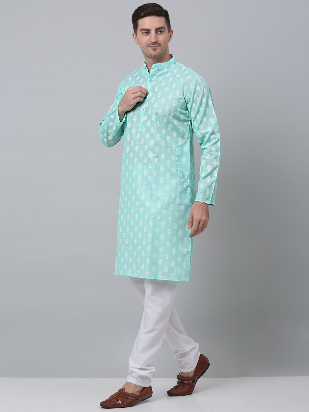 Jompers Men's Green Cotton Floral printed kurta Pyjama Set
