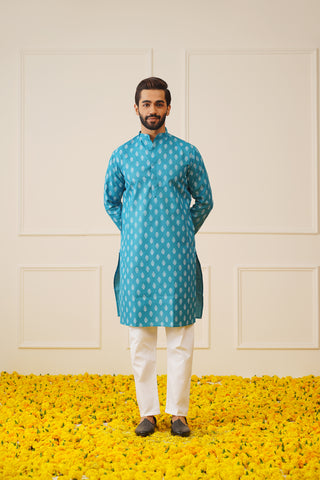 Jompers Men's Teal Cotton Floral printed kurta Only