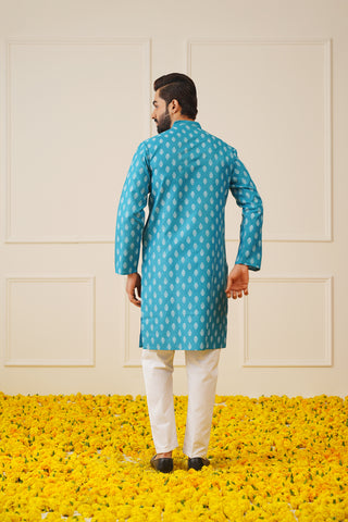 Jompers Men's Teal Cotton Floral printed kurta Only