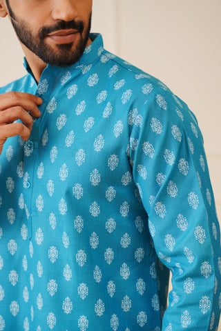 Jompers Men's Teal Cotton Floral printed kurta Pyjama Set