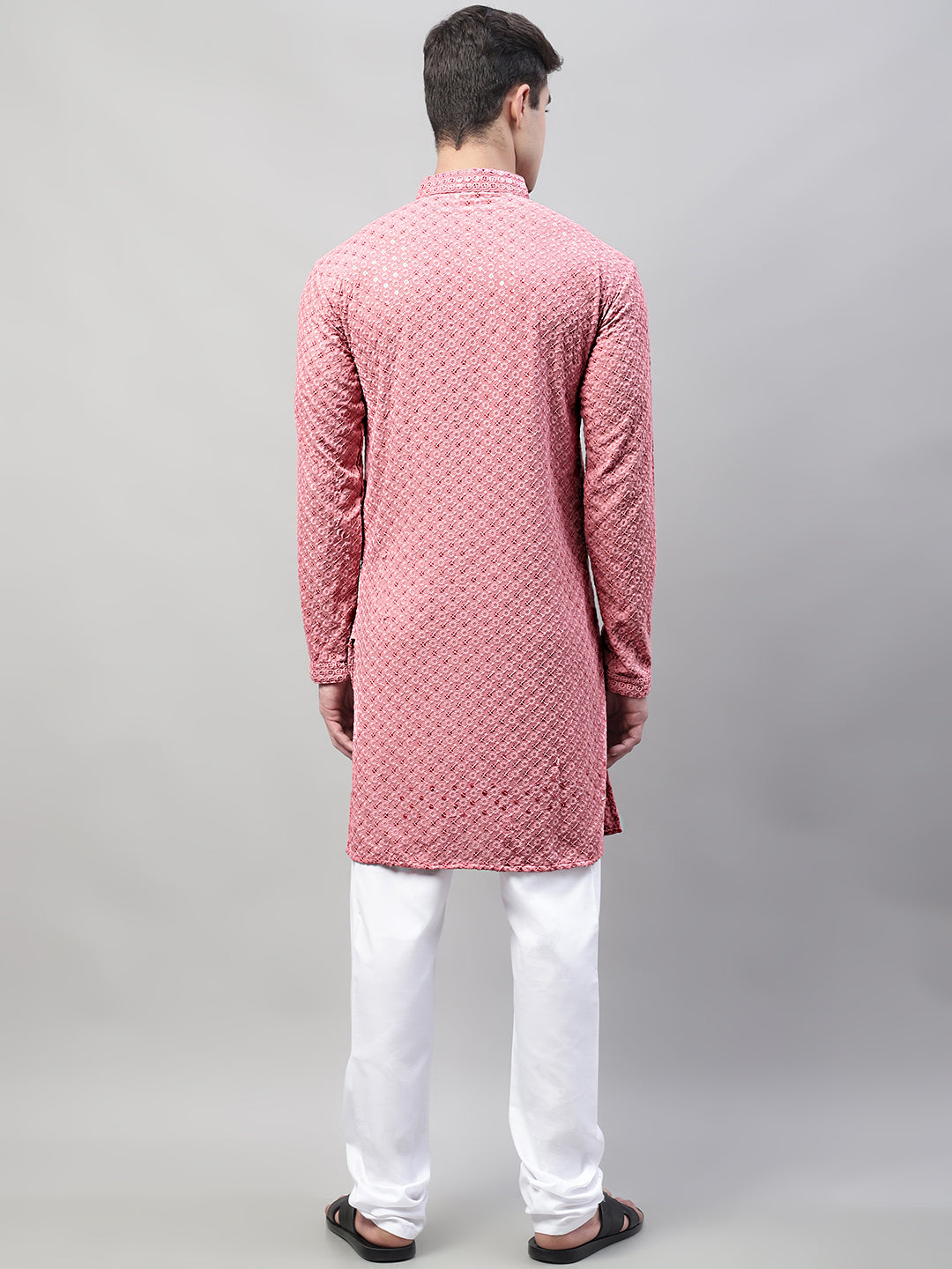 Men Coral Red Chikankari Embroidered and Sequence Kurta with Churidar