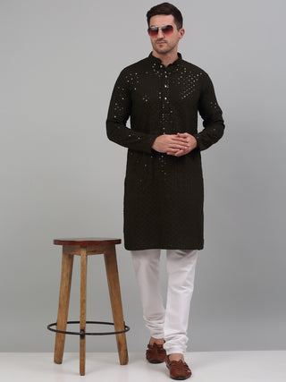 Men Mehndi Green Chikankari Embroidered and Sequence Kurta with Churidar