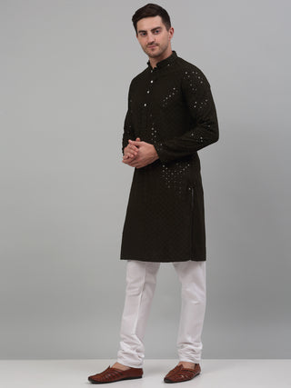 Men Mehndi Green Chikankari Embroidered and Sequence Kurta with Churidar