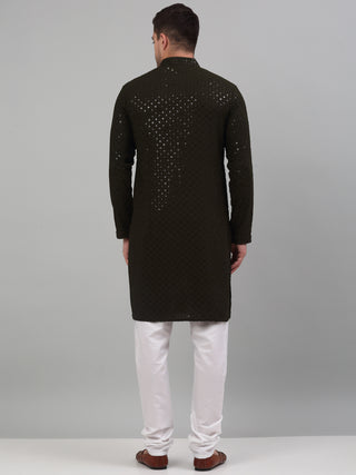 Men Mehndi Green Chikankari Embroidered and Sequence Kurta with Churidar