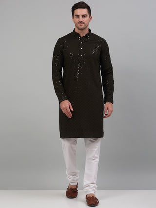 Men Mehndi Green Chikankari Embroidered and Sequence Kurta with Churidar