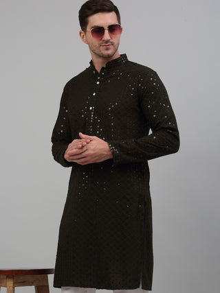 Men Mehndi Green Chikankari Embroidered and Sequence Kurta with Churidar