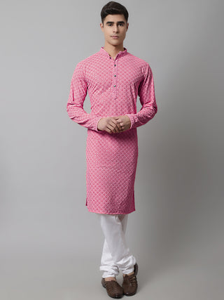 Men Pink Chikankari Embroidered and Sequence Kurta with Churidar