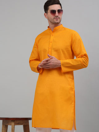 Men's Mustard Cotton Striped Kurta Payjama Sets
