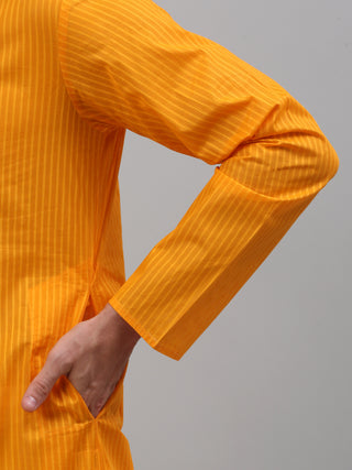 Men's Mustard Cotton Striped Kurta Payjama Sets