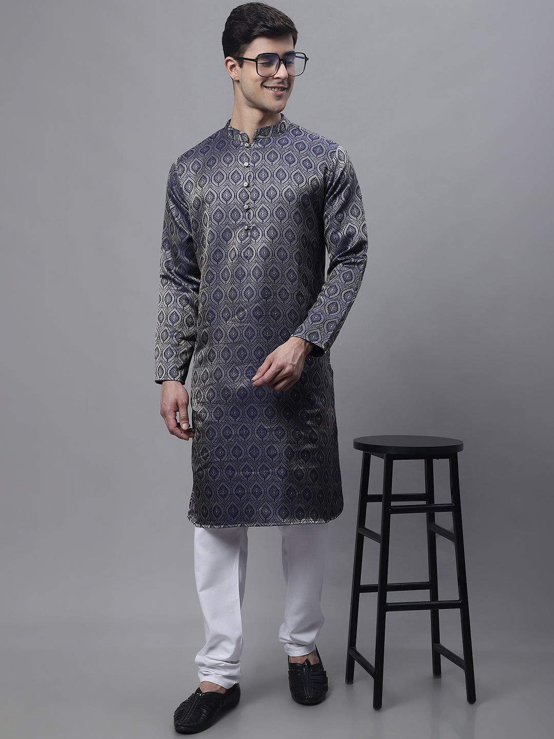 Men Ethnic  Navy Blue Woven Design Kurta with Pyjamas