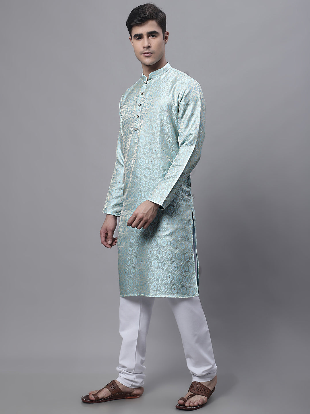 Men Ethnic  Sky Blue Woven Design Kurta with Pyjamas