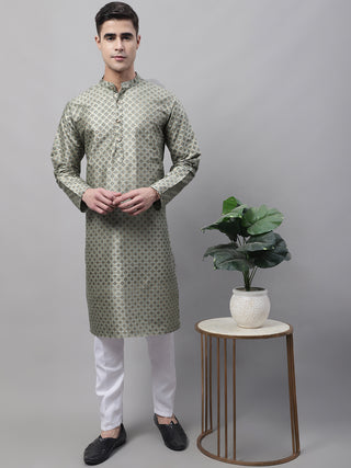Men's Green Printed Silk Blend Kurta Payjama